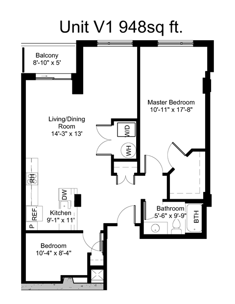 Floor plan for 2 beds, 1 bath, 948 sqft